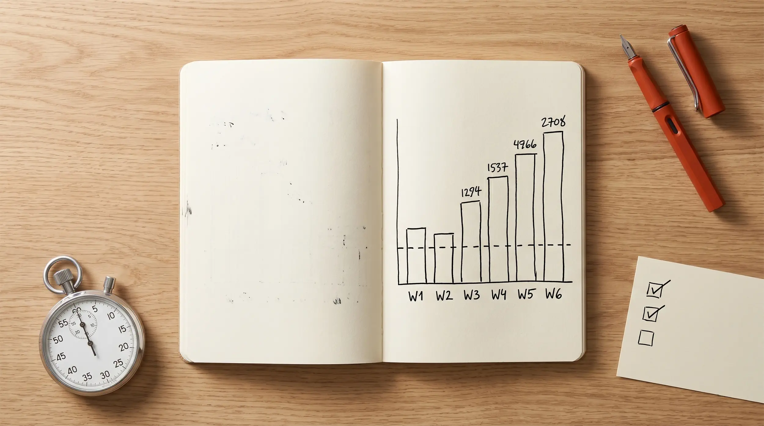 Overhead desk scene with an open notebook showing hand-drawn bar chart, a stopwatch, and a burnt-orange pen