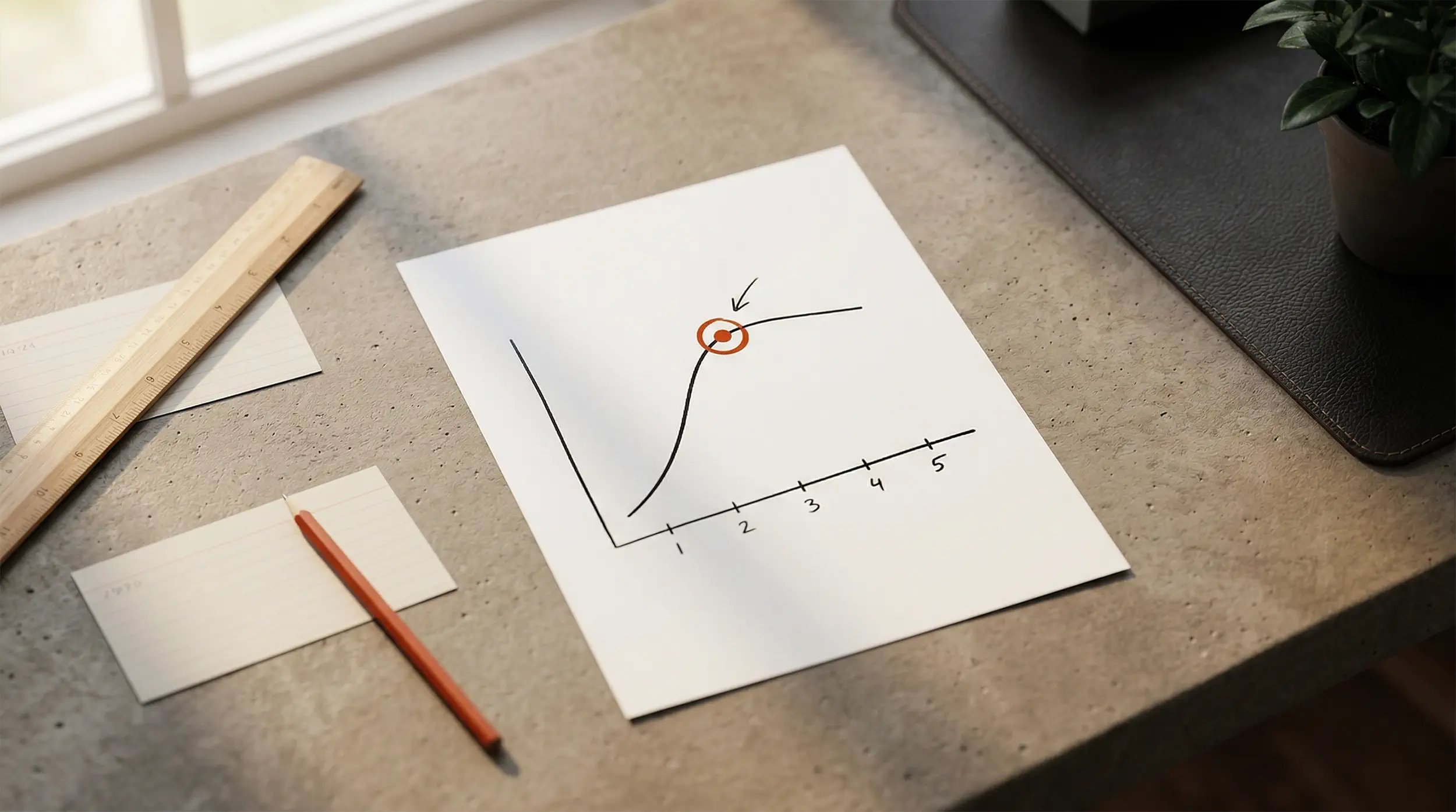 Clean desk with a calculator, budget notebook, and a burnt-orange sticky note showing year-over-year costs