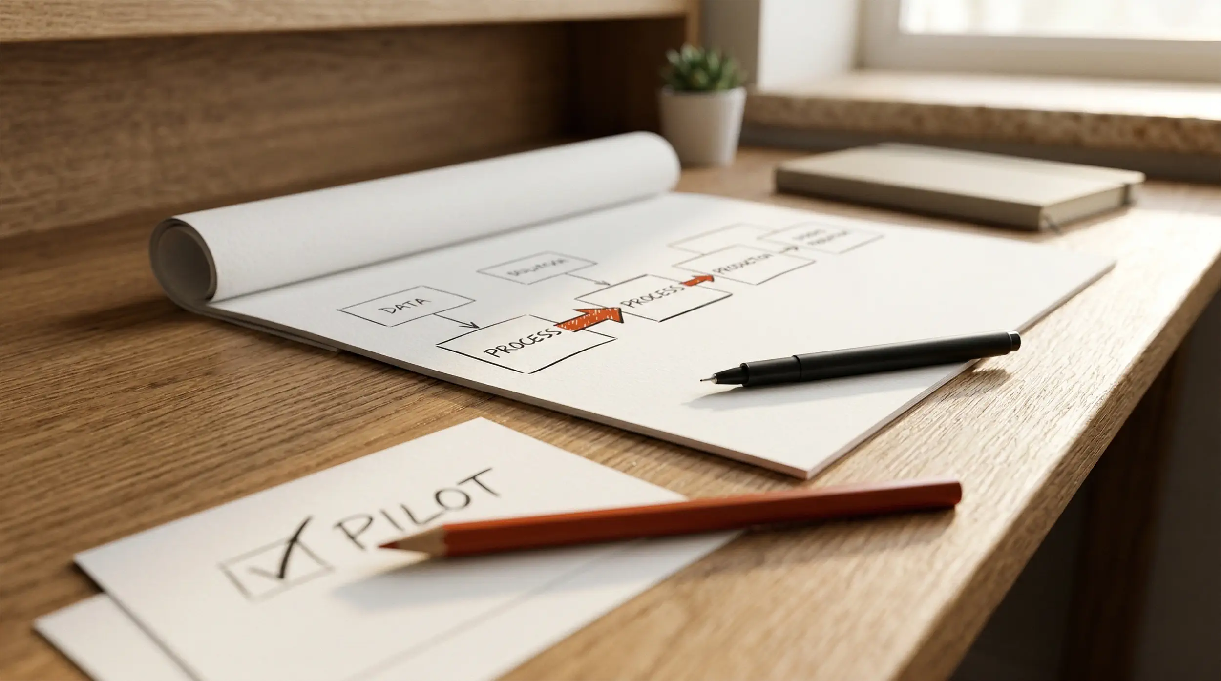 A clean desk with a small successful prototype on one side and a larger production blueprint on the other, connected by a burnt-orange bridge sketch