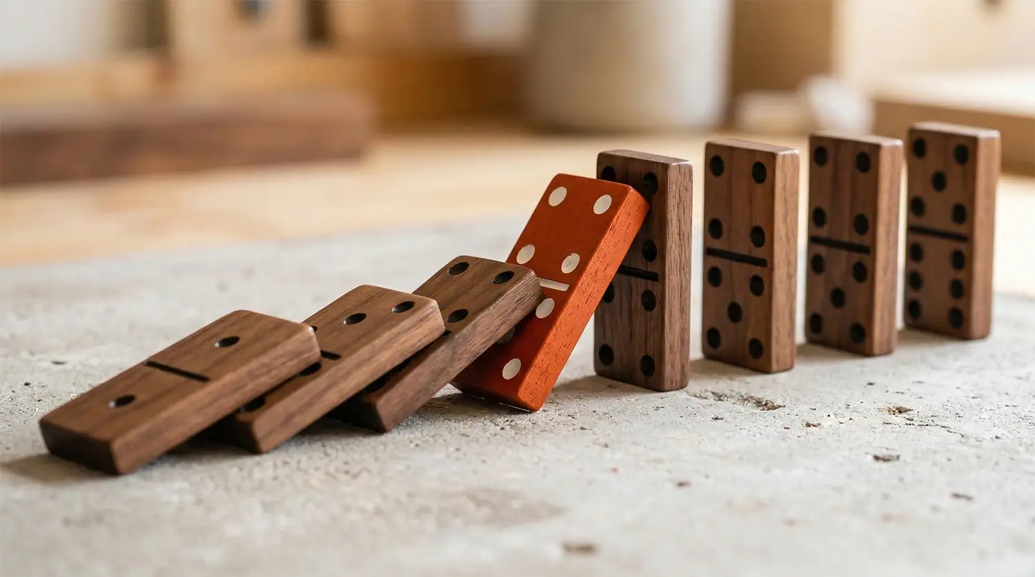 Row of wooden dominoes mid-fall on concrete surface with one burnt-orange domino leading the chain