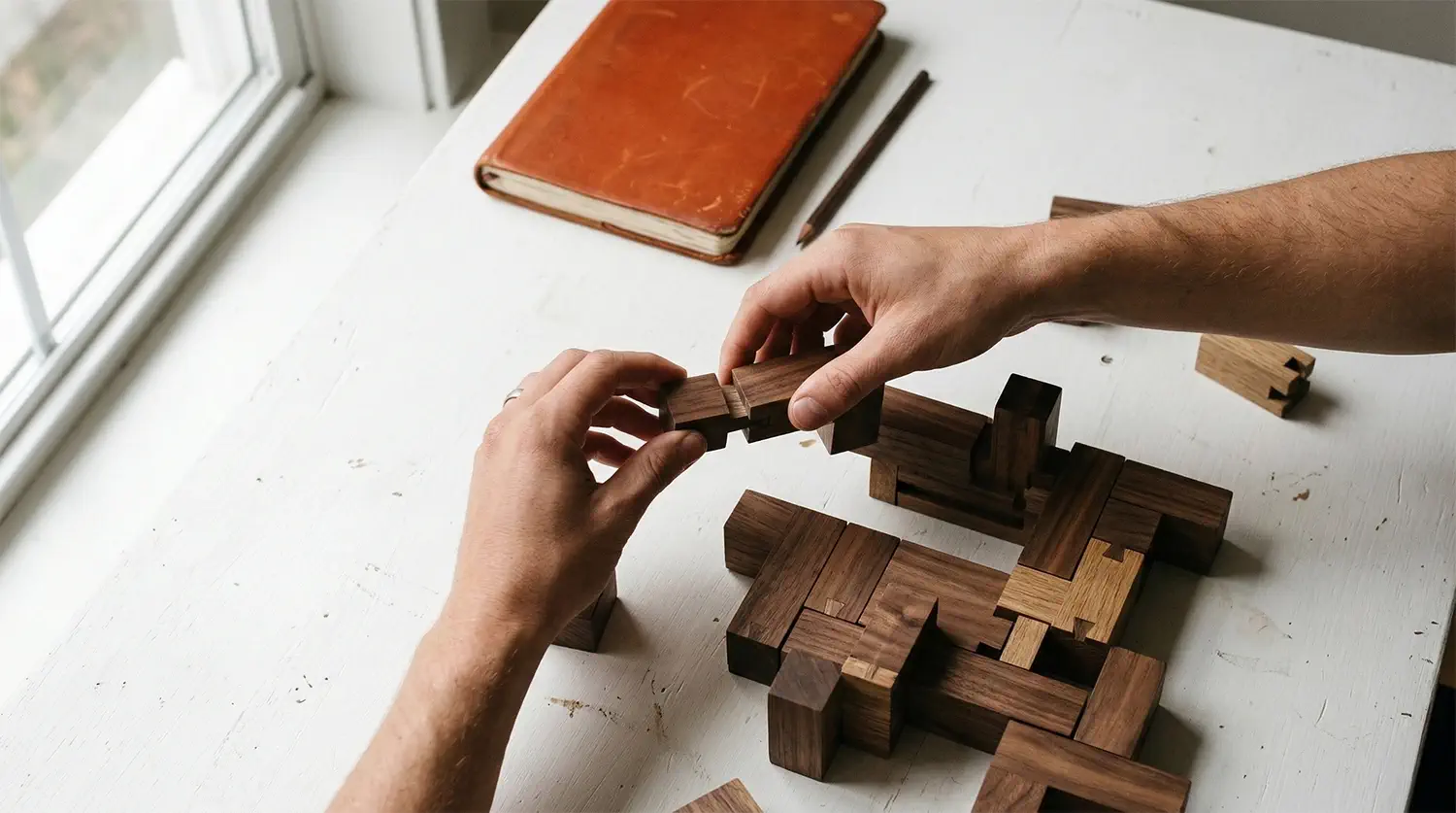 Hands connecting wooden modular pieces on white marble surface with burnt-orange leather notebook
