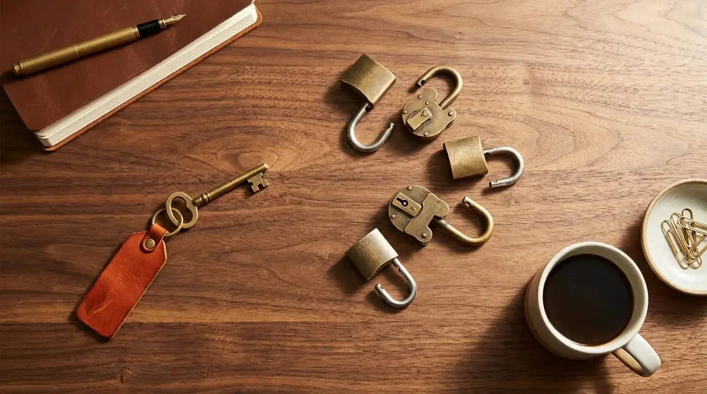 A small business owner's organized workspace with automation flowing from a simple tablet to multiple completed tasks