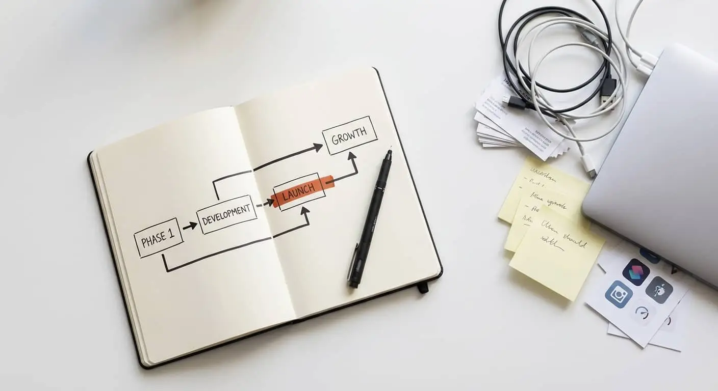 Clean strategy notebook with simple roadmap next to a rejected pile of tangled cables and unused tools